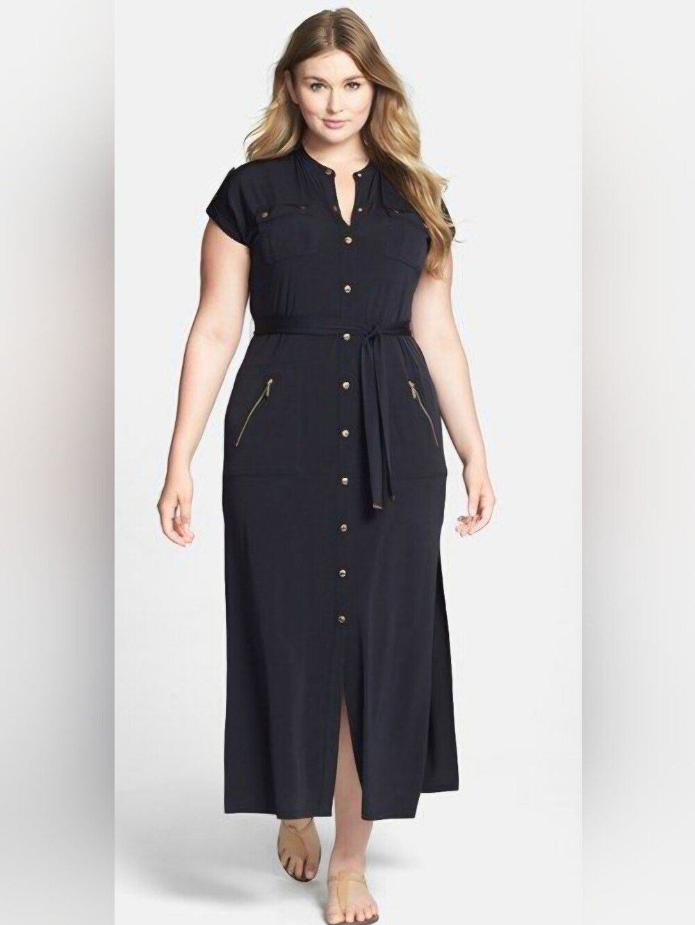 Michael Kors Black Button-Front Maxi Dress with Waist Tie, Gold Accents